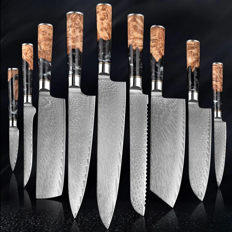 Black Walnut - 9 Piece - Damascus Steel Kitchen Knives Set