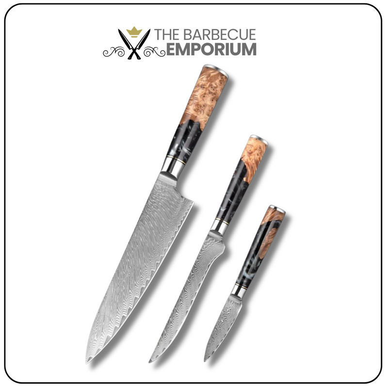 Black Walnut - 3 Piece - Damascus Steel Kitchen Knives Set