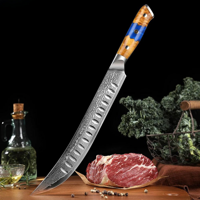 High Carbon Damascus Steel Slicing Knife - Long Non-stick Blade, Ideal for Kitchen Use