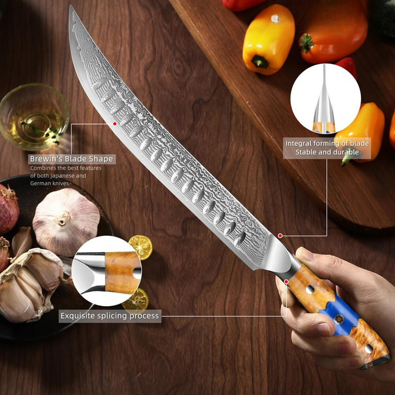 High Carbon Damascus Steel Slicing Knife - Long Non-stick Blade, Ideal for Kitchen Use