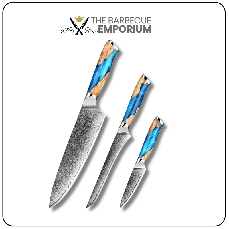 1/3-Piece Blues Sandstone - Damascus Steel Kitchen Knife Set - Includes 3.5-Inch Utility Knife, 6-Inch Boning Knife, and 8-Inch Chef Knife