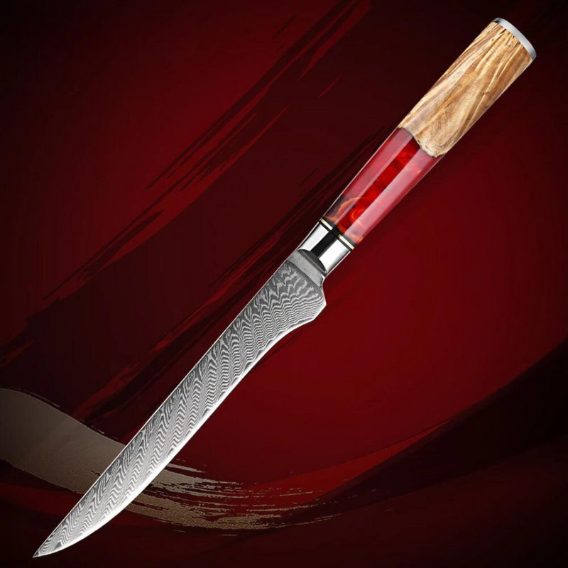 Red Walnut Boning Knife 6'' - Damascus Steel Japanese VG-10 Blade with Ergonomic Handle