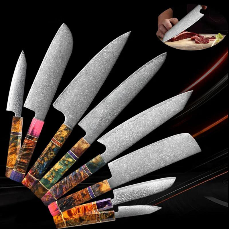 9-Piece Knife and Cleaver Set - Multicolor Stabilized Wood for Kitchen and Barbecue