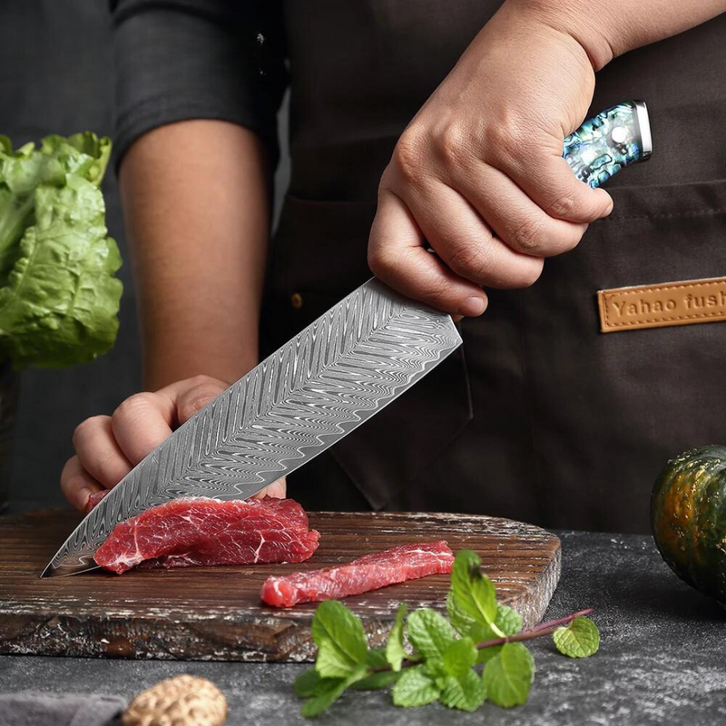 Sapphire Chef Knife 8'' - Professional VG10 Japanese Damascus Steel Sharp Cleaver with Abalone Shell Handle