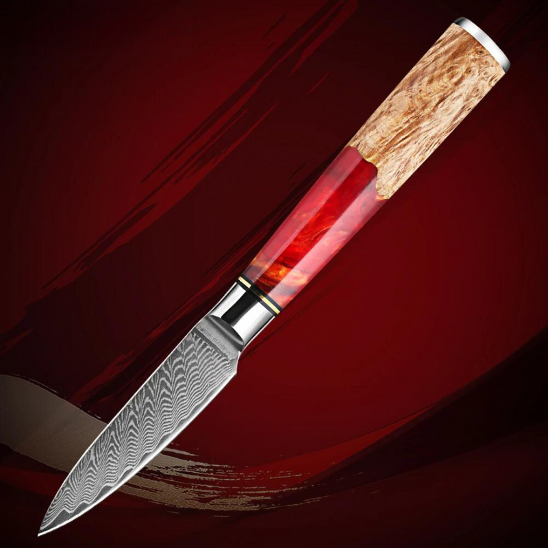 Red Walnut - 3 Piece - Damascus Steel Kitchen Knife Set