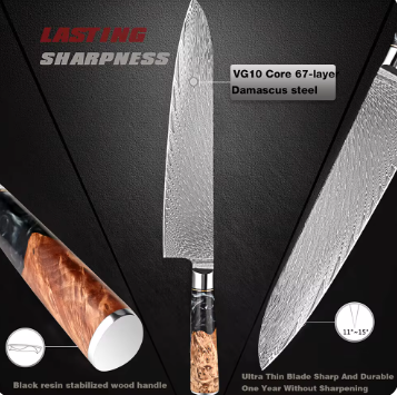 Black Walnut Chef Knife 9.5'' - Professional Damascus Steel Kitchen Knife