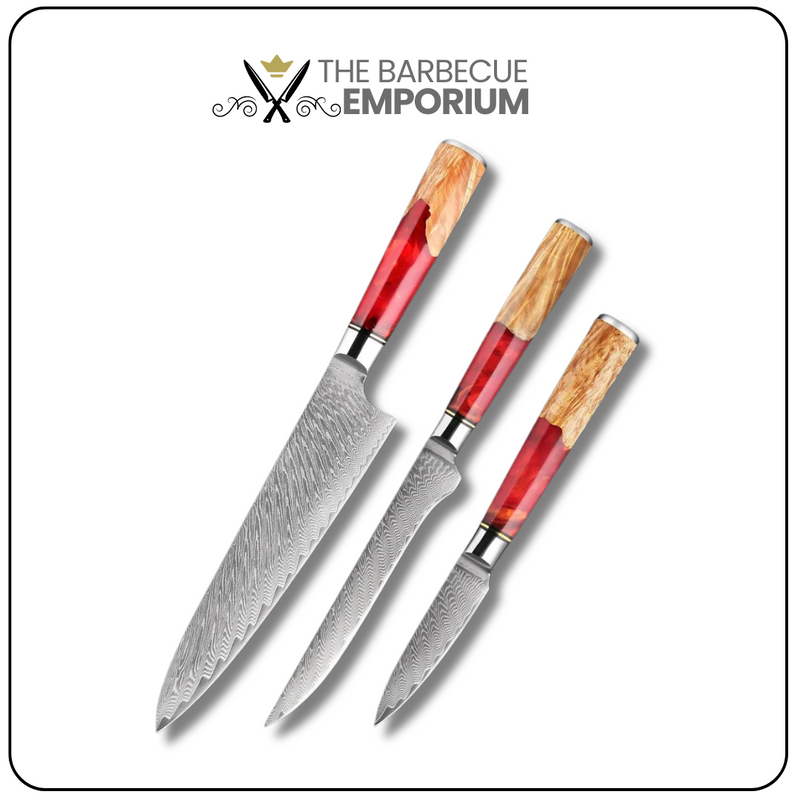 Red Walnut - 3 Piece - Damascus Steel Kitchen Knife Set