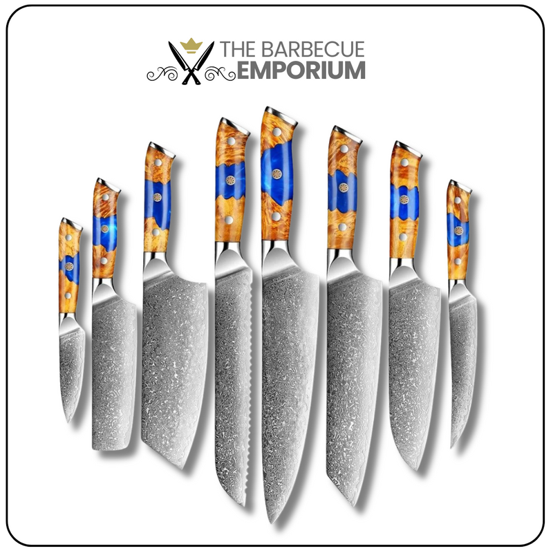 1/8 -Piece Blue Caramel Damascus Kitchen Knife Set - VG10 Steel Core with Blue Resin Stabilized Wood Handles