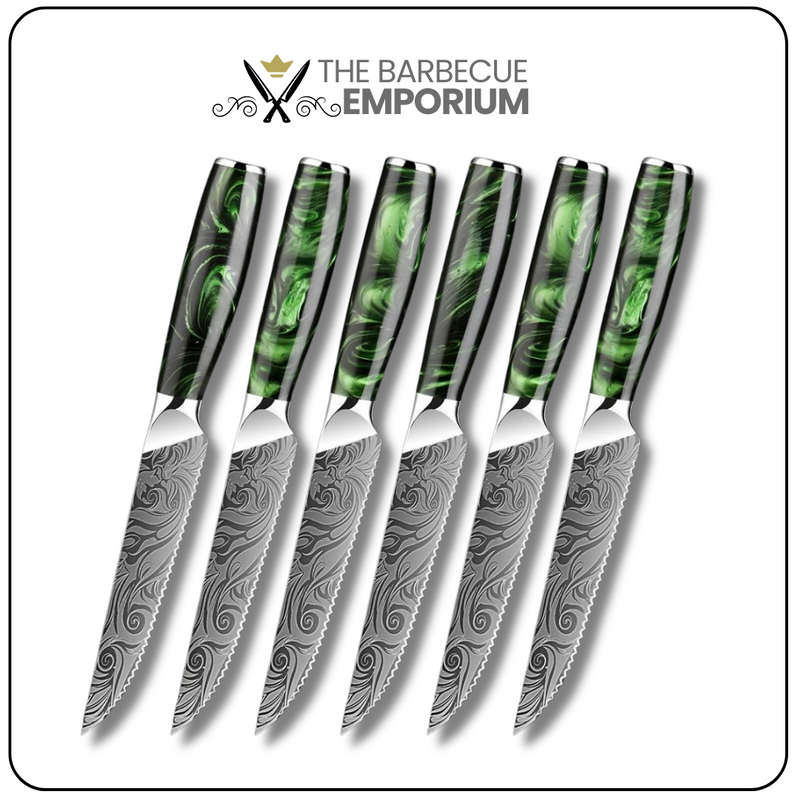 Green Forest Steak Knife Set - 8/4 Piece Serrated Stainless Steel Kitchen Knives with Laser Pattern