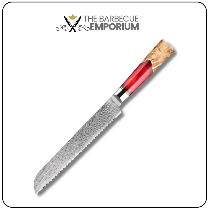 Red Walnut Bread Knife 8'' - Professional 67-Layer Damascus Steel with Ergonomic Handle"