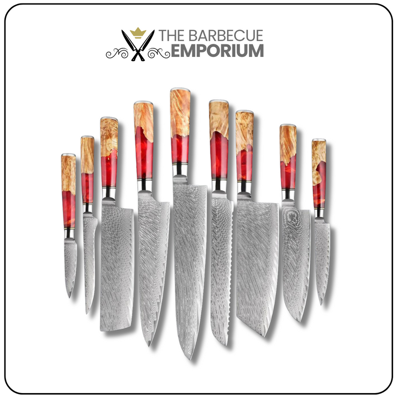 Red Walnut -  9 Piece - Damascus Steel Kitchen Knife Set