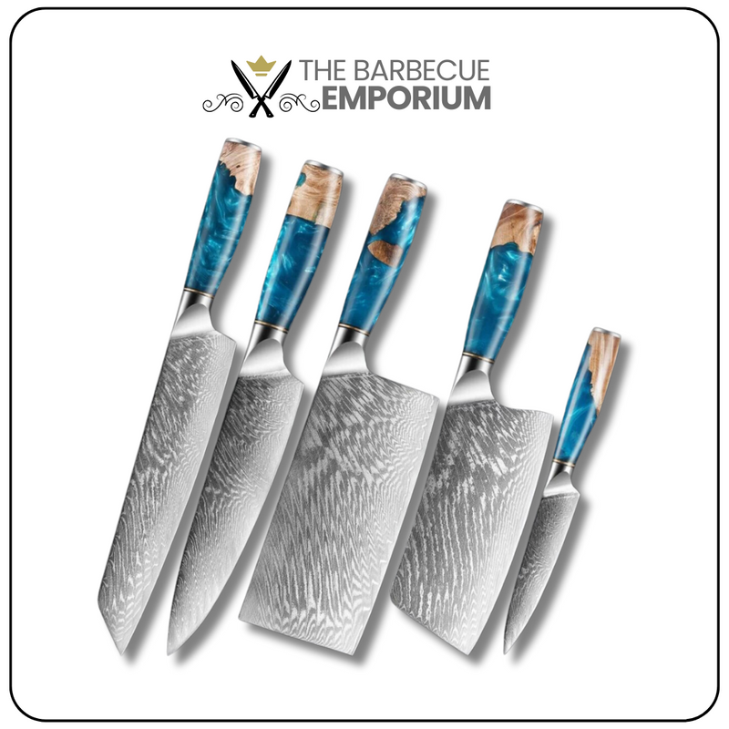 Blue Sandstone - 5 Piece - Damascus VG10 Santoku Chef Knife Set