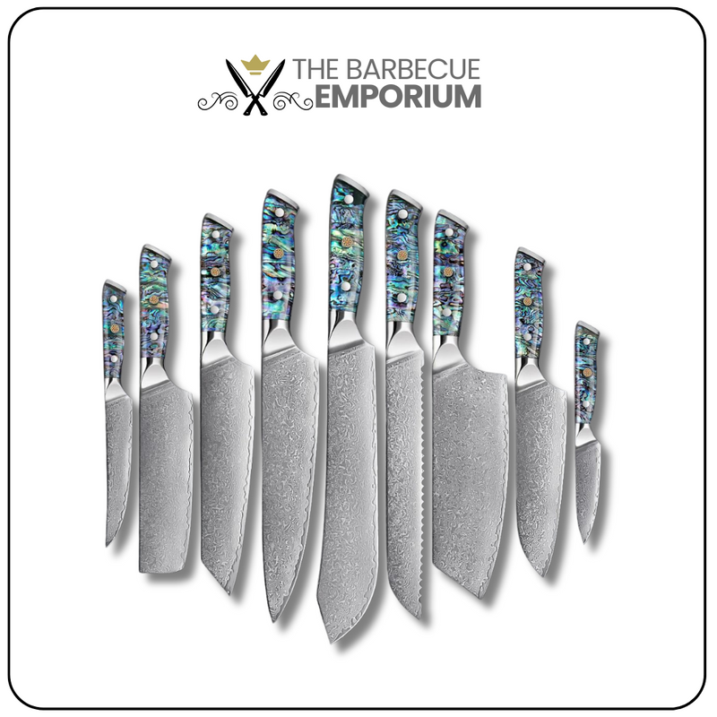 9-Piece Sapphire Damascus Steel Knife Set with Abalone Resin Handle - For Kitchen and Barbecue