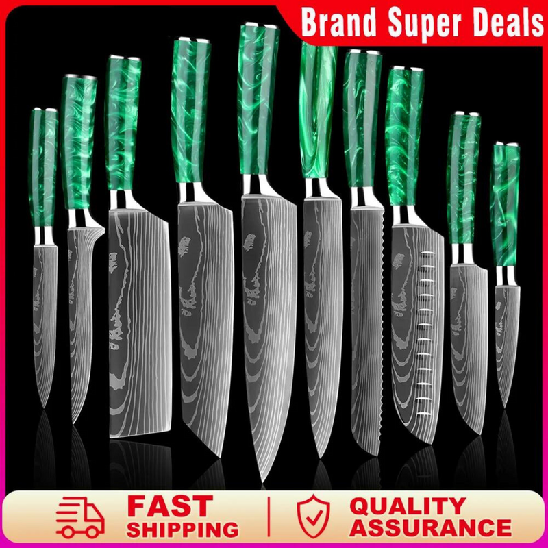 10-Piece Green Damascus Pattern Knife Set - Versatile Stainless Steel for Kitchen Use