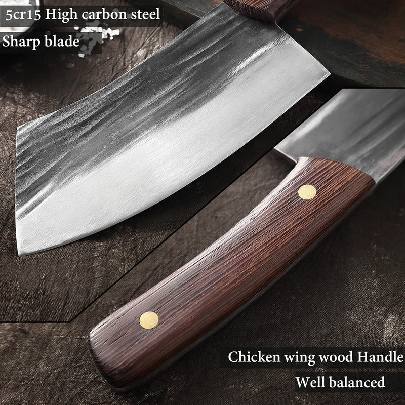 Handmade Cleaver Chef Knife - 5CR15 High Carbon Steel Meat Chopper, Forged Knife for Bone Chopping and Kitchen Slicing