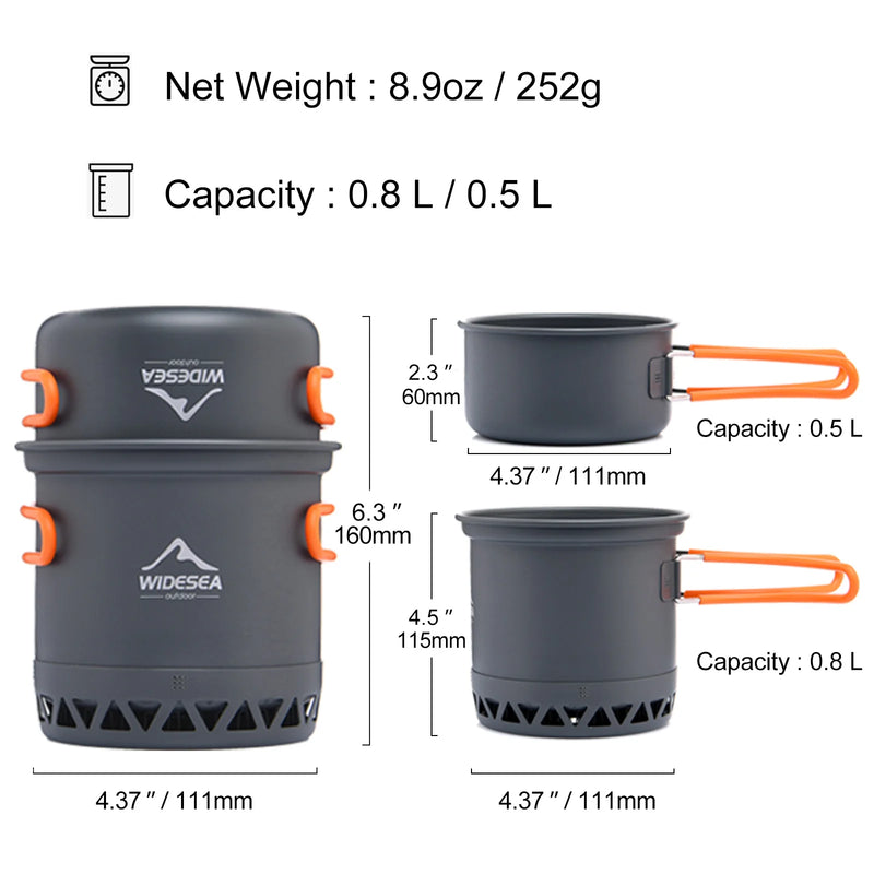 Widesea Camping Cookware Set - 1.3L & 2.3L Outdoor Cooking Pots and Kettle for Travel and Picnics