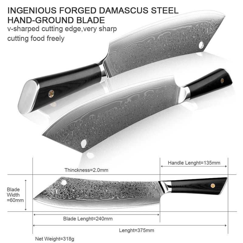 Midnight Black Chef Knife 9.5'' - VG10 Damascus Steel Japanese Kiritsuke with G10 Handle