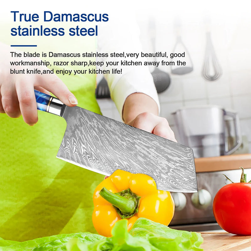 7-Inch Damascus Cleaver - Professional Chef Knife for Meat and Vegetables