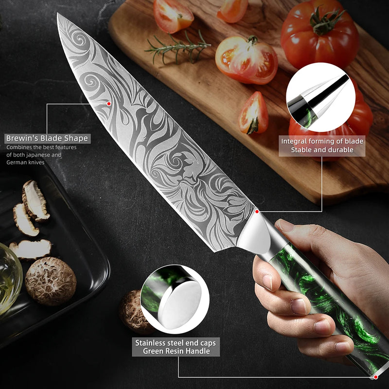 Green Forest 8-Inch Chef Knife - Sharp Stainless Steel Bbq Knife with Green Resin Handle