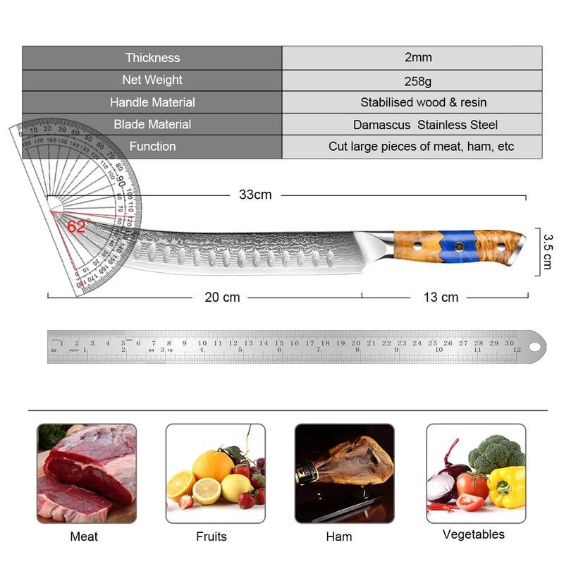 High Carbon Damascus Steel Slicing Knife - Long Non-stick Blade, Ideal for Kitchen Use