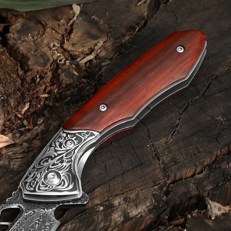 Dark Brown Folding Knife VG10 Core - Compact Kitchen Utility Knife with Clip, Damascus Blade