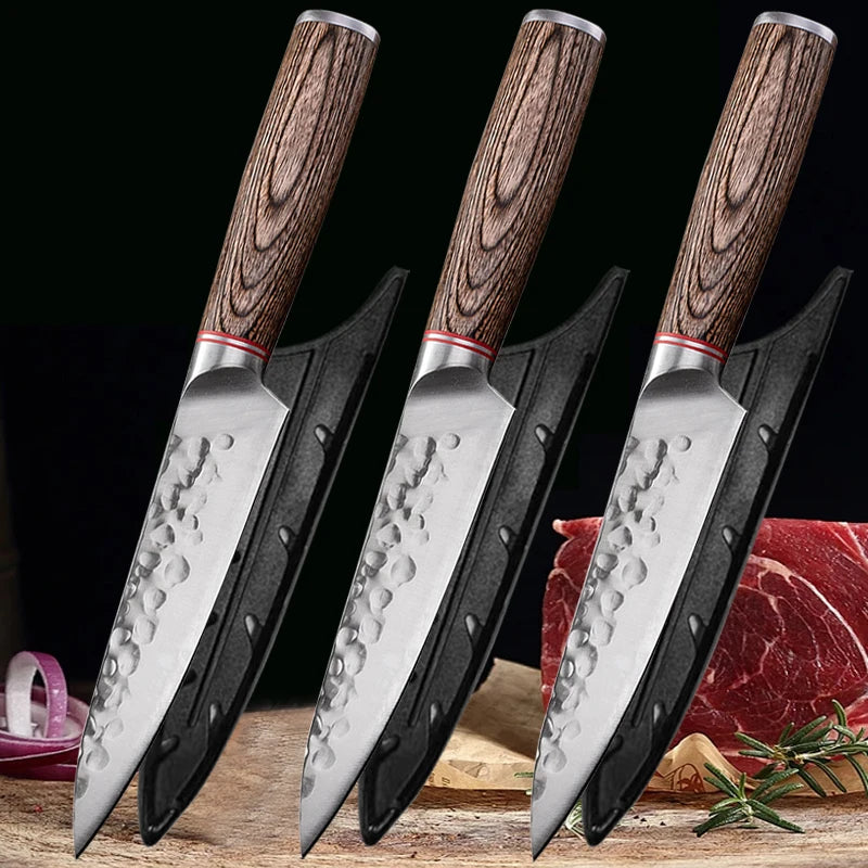 1/5-Piece Forged Chef's Knife Set - Stainless Steel Boning Cleaver with Wooden Handle