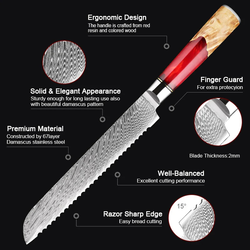 Red Walnut Bread Knife 8'' - Professional 67-Layer Damascus Steel with Ergonomic Handle"