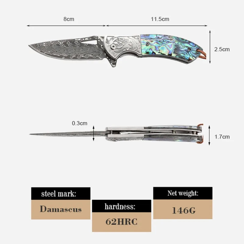 Damascus Steel Folding BBQ Knife – Multi-Purpose, Camping & Fruit Knife