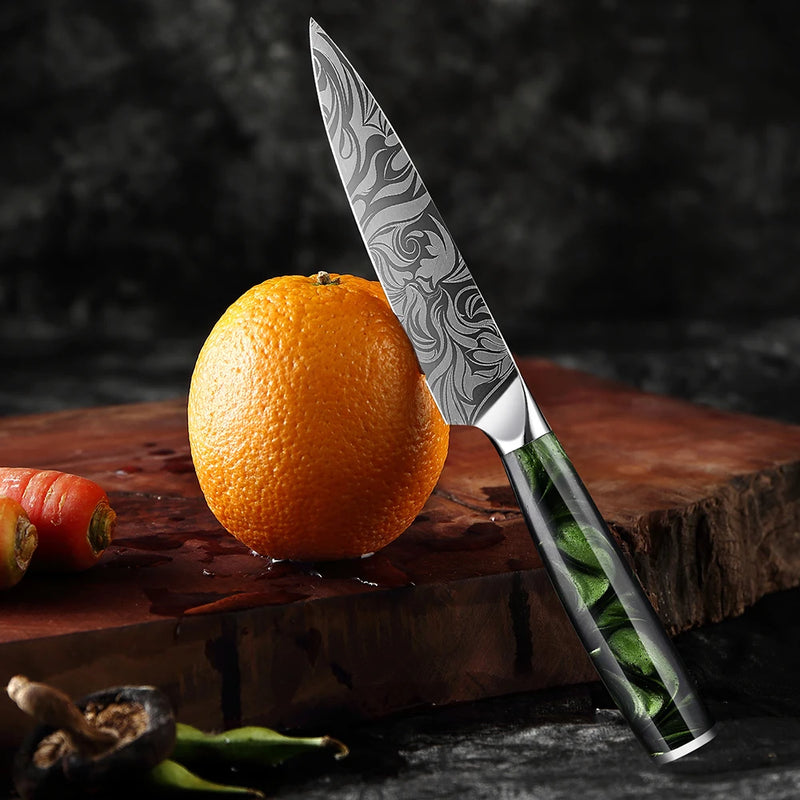 Green Forest Utility Knife 5'' - Damascus Laser Pattern, Super Sharp All-Purpose Kitchen Knife for Slicing and Mincing