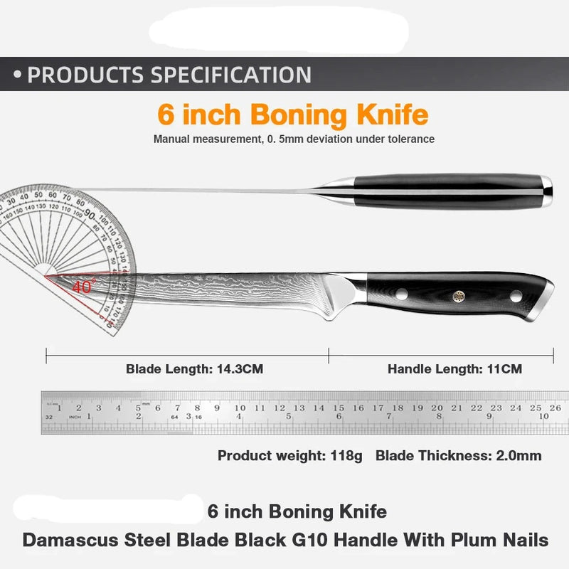 Black Boning Knife 6'' - Japanese Damascus Steel Filleting Knife with G10 Handle