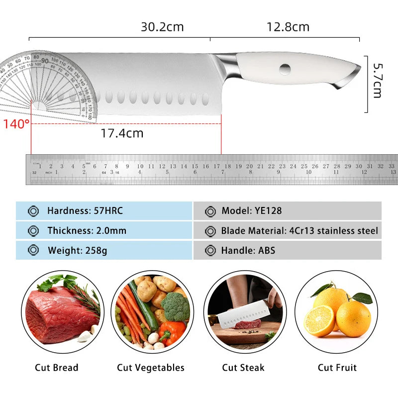 White 7in Nakiri Knife - Stainless Steel Kitchen Cleaver