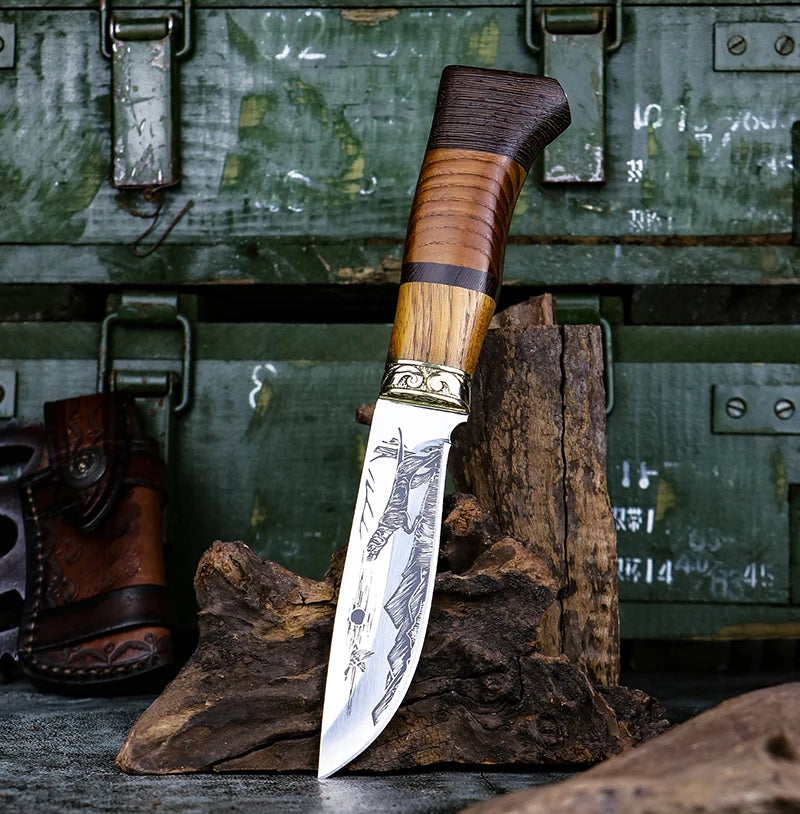 Corroded Pattern Kitchen Knife - Double Solid Wood Splice Copper Head Handle - Ideal for Kitchen and BBQ Use