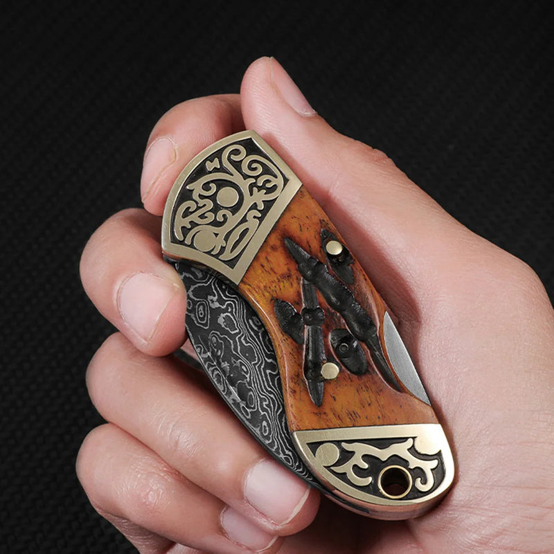 Mini  Damascus Steel Pocket Knife - Cattle Bone Handle, Mini Folding