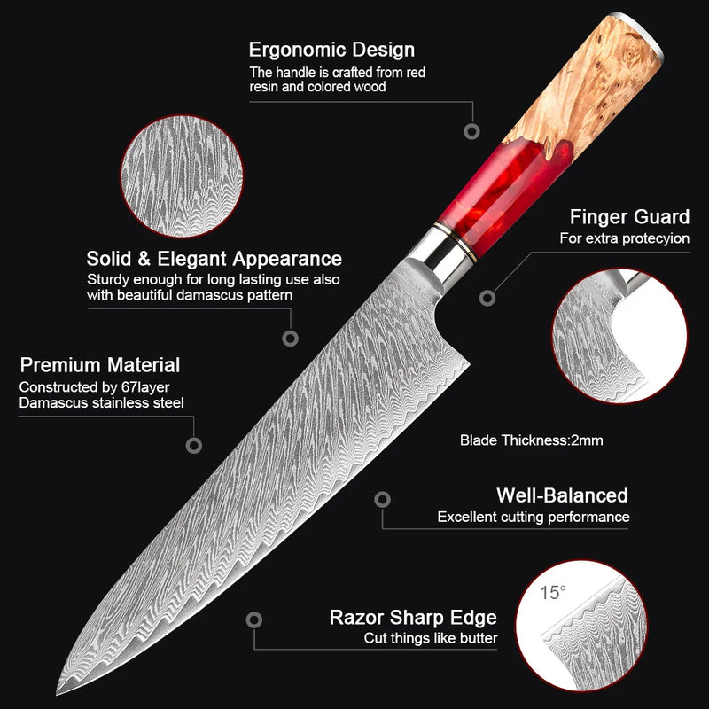 Red Walnut Chef Knife 9.5'' - Professional Damascus Steel with Ergonomic Handle