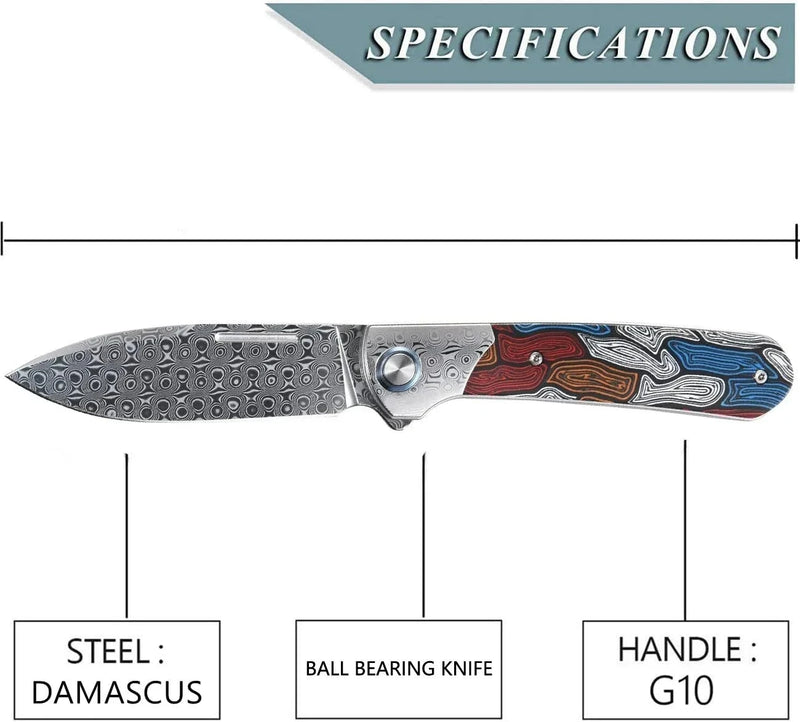 Colorful Damascus Steel Folding Knife - G10 Handle, Your Essential EDC Pocket Knife