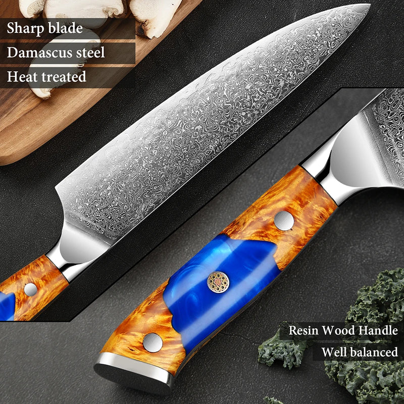 1/8 -Piece Blue Caramel Damascus Kitchen Knife Set - VG10 Steel Core with Blue Resin Stabilized Wood Handles