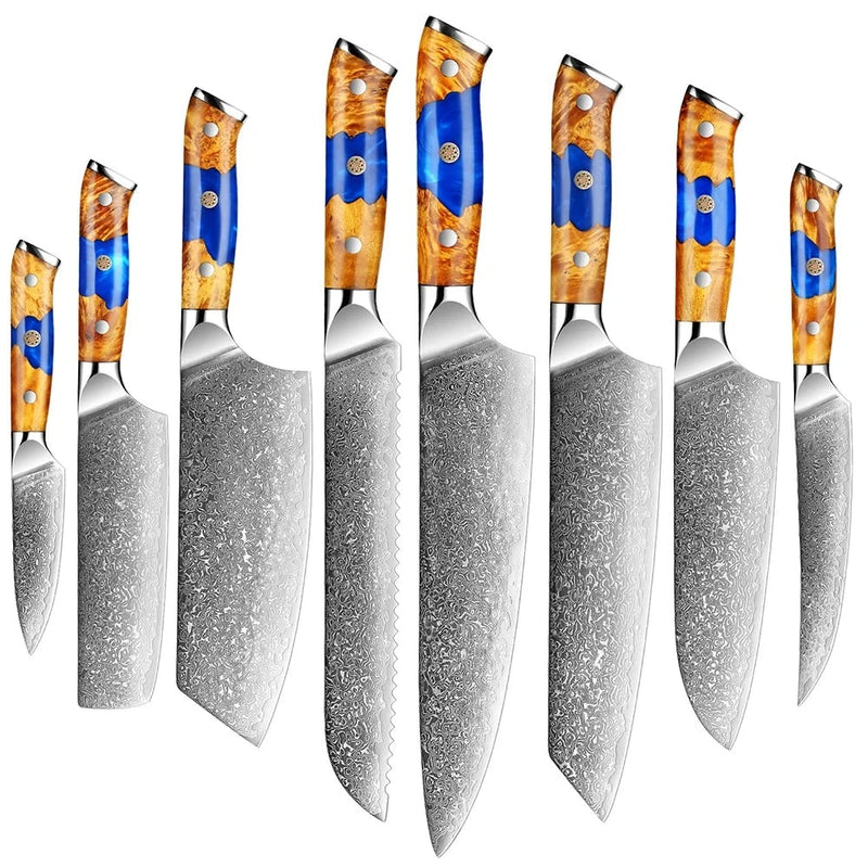 1/8 -Piece Blue Caramel Damascus Kitchen Knife Set - VG10 Steel Core with Blue Resin Stabilized Wood Handles