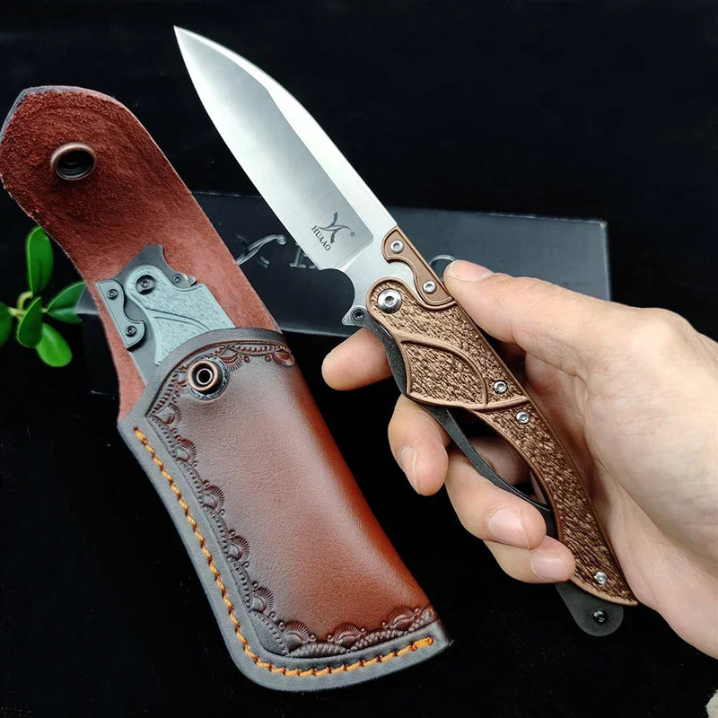 BBQ Folding Knife - D2 Blade, Metal Handle, Leather Sheath