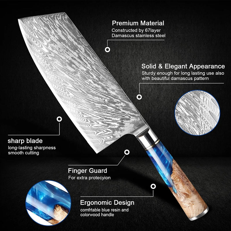 7-Inch Damascus Cleaver - Professional Chef Knife for Meat and Vegetables