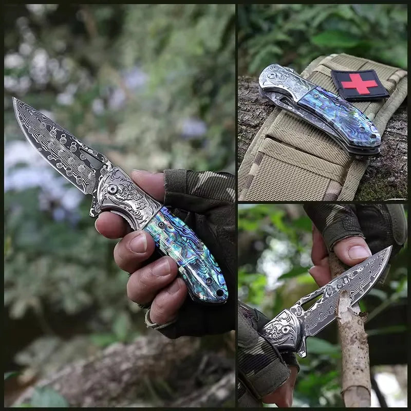 Damascus Steel Folding BBQ Knife – Multi-Purpose, Camping & Fruit Knife