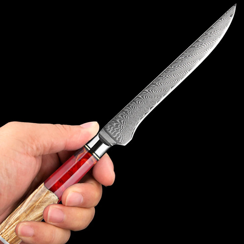 Red Walnut Boning Knife 6'' - Damascus Steel Japanese VG-10 Blade with Ergonomic Handle