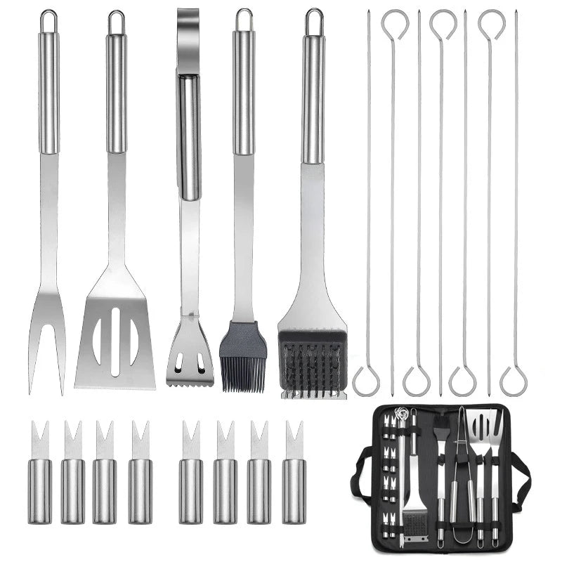 BBQE 20 Pcs Stainless Steel Tool Set with Canvas Bag - for Grill