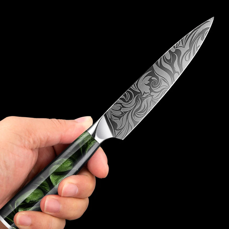 Green Forest Utility Knife 5'' - Damascus Laser Pattern, Super Sharp All-Purpose Kitchen Knife for Slicing and Mincing