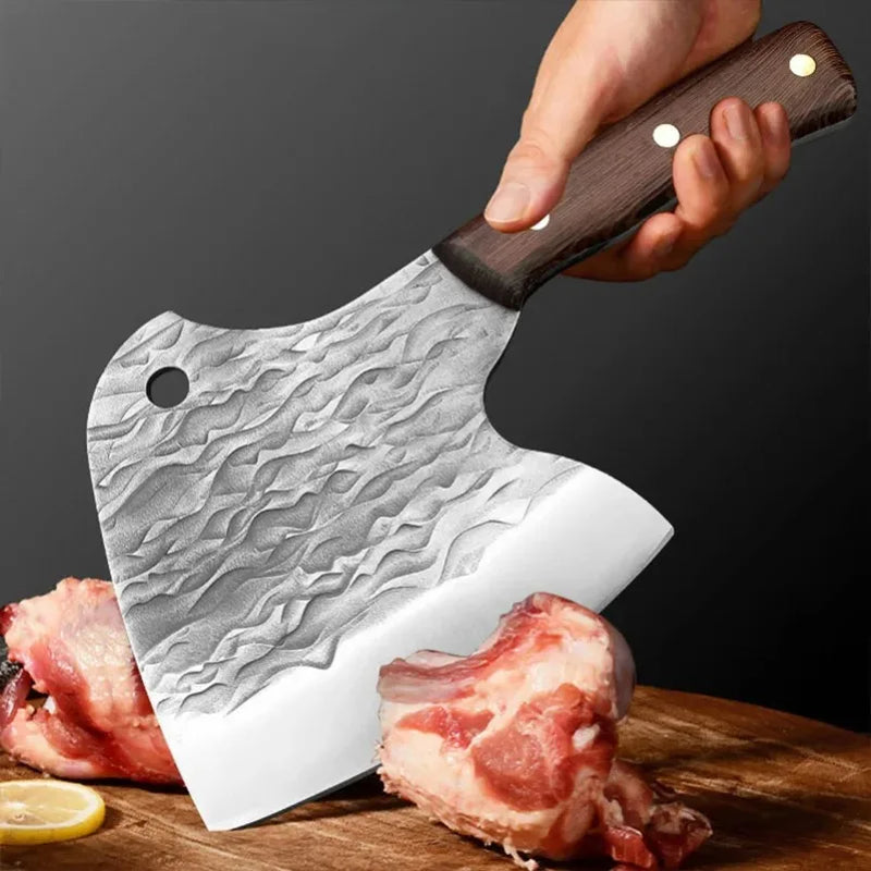 Heavy Kitchen Cleaver Axe - Hand-Forged Blade with Wood Handle for Chopping Meat and Bones