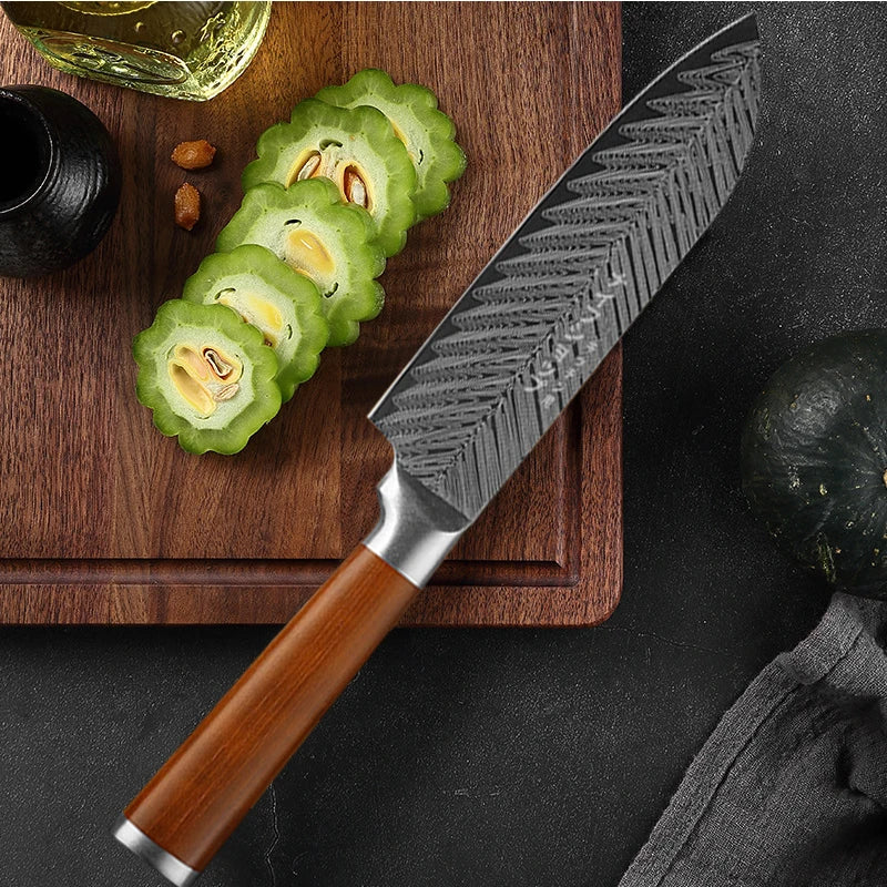 3-Piece Japanese Kitchen Knife Set - Damascus Pattern Cleaver, Slicer, and Fruit Knife