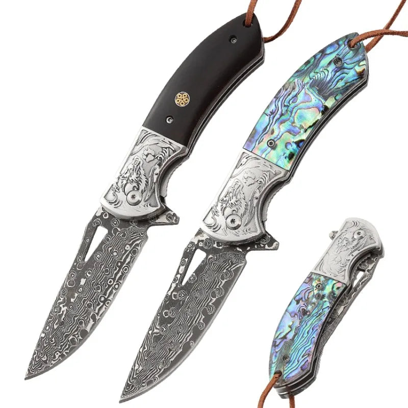 Damascus Steel Folding BBQ Knife – Multi-Purpose, Camping & Fruit Knife