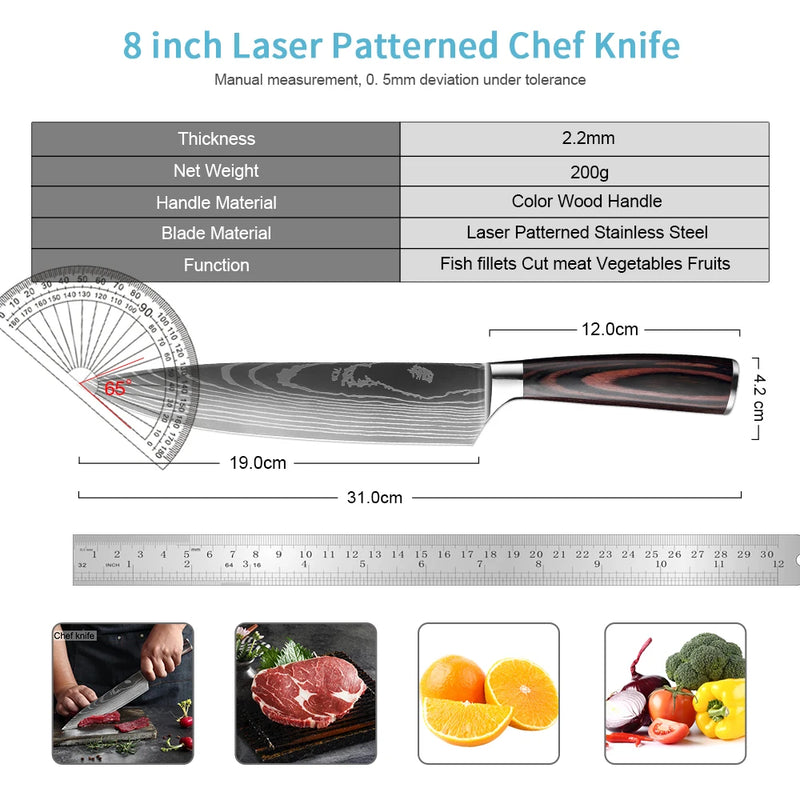 Chef Knife and Sharpening Rod - Laser Damascus Pattern, Pakkawood Handle