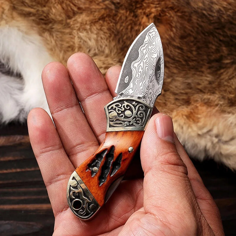 Mini  Damascus Steel Pocket Knife - Cattle Bone Handle, Mini Folding