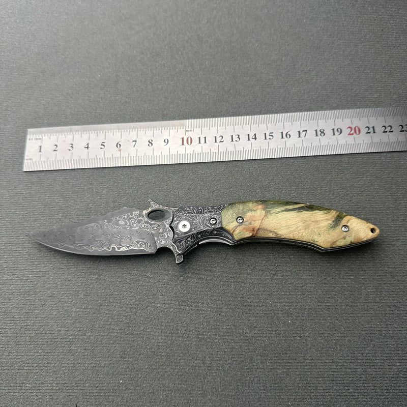 African Hardwood Pocket Folding Tool - Damascus Blade