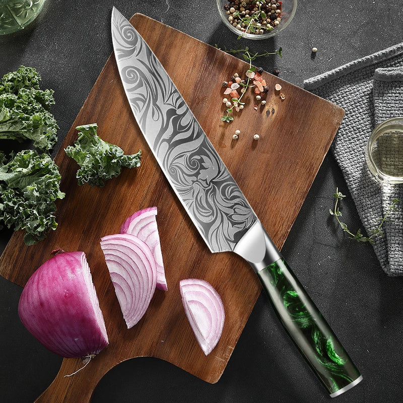 Green Forest 8-Inch Chef Knife - Sharp Stainless Steel Bbq Knife with Green Resin Handle